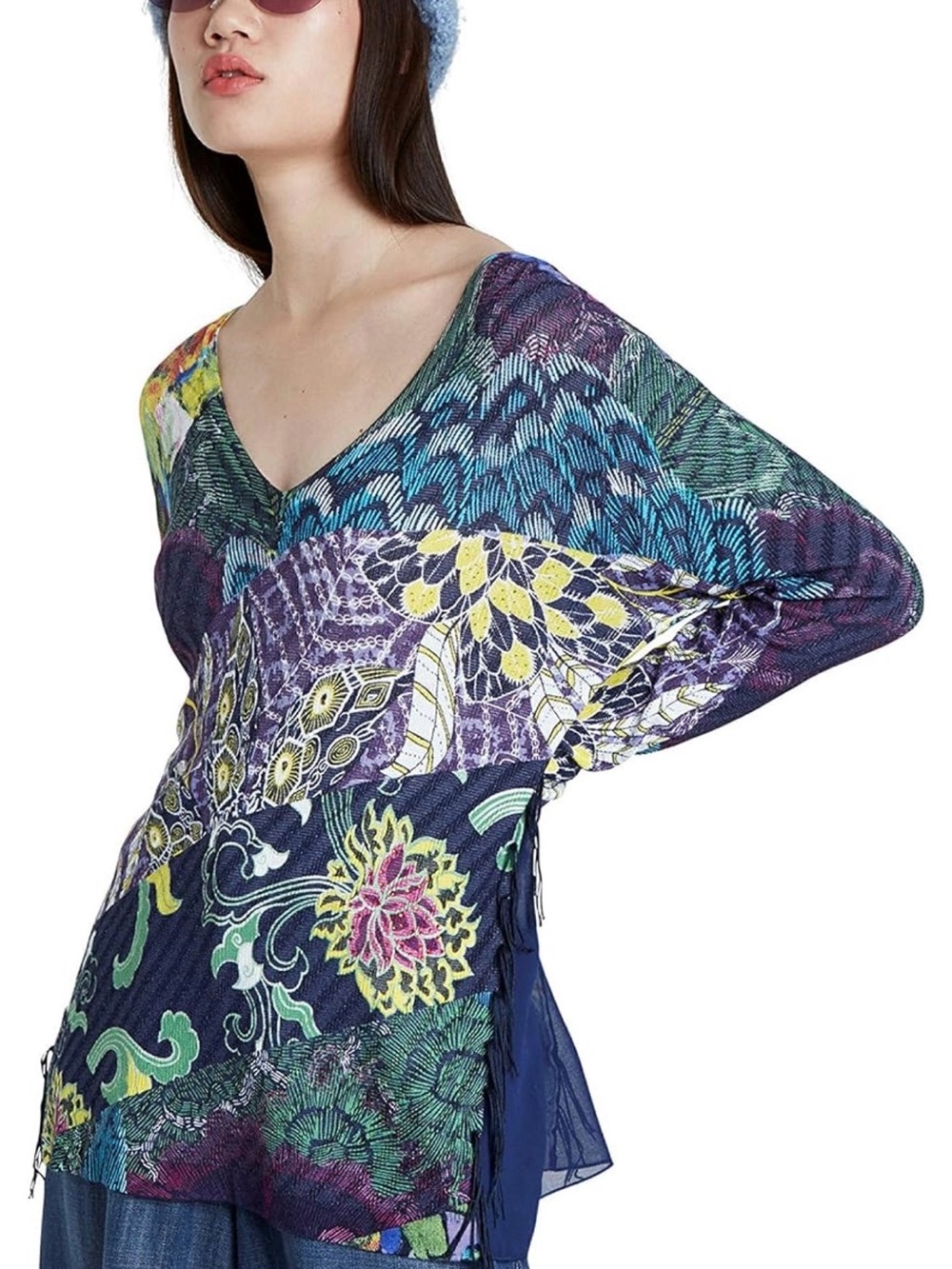 Desigual V-Neck Long Sleeve Mixed-Print Top in Purple, Blue and Green
